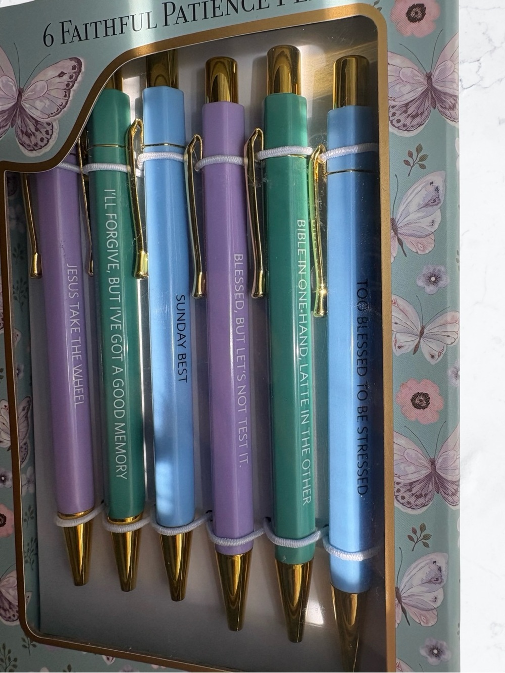 Faithful Patience Pens - Pastel Blue, Purple, Teal Set of 6 - Picture 2 of 5